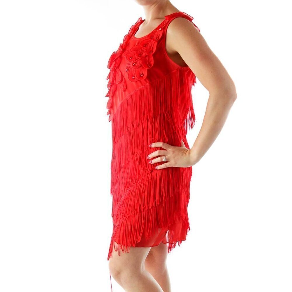 SilkRoll Red Floral Fringe Shift Cocktail Dress - Picture 2 of 3